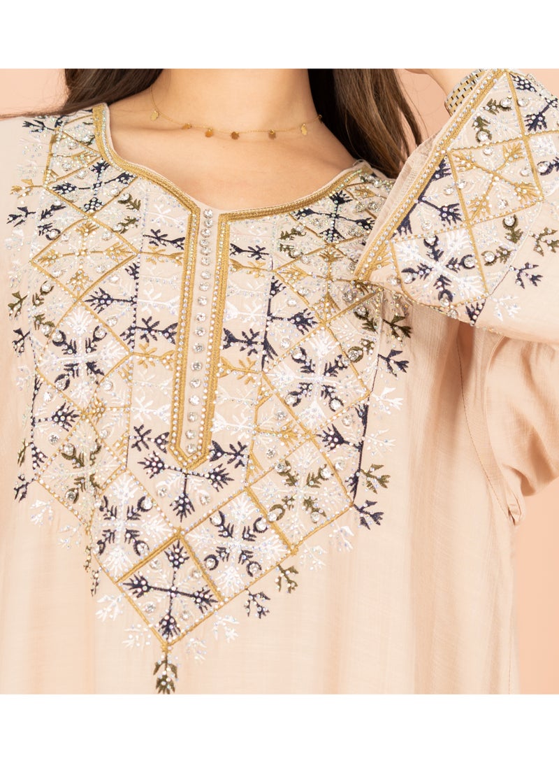 IKKXA Straight Cut Classic Embroidery Patterns Jalabiya IK604 Beige - Image 2