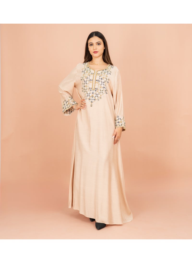 IKKXA Straight Cut Classic Embroidery Patterns Jalabiya IK604 Beige - Image 1