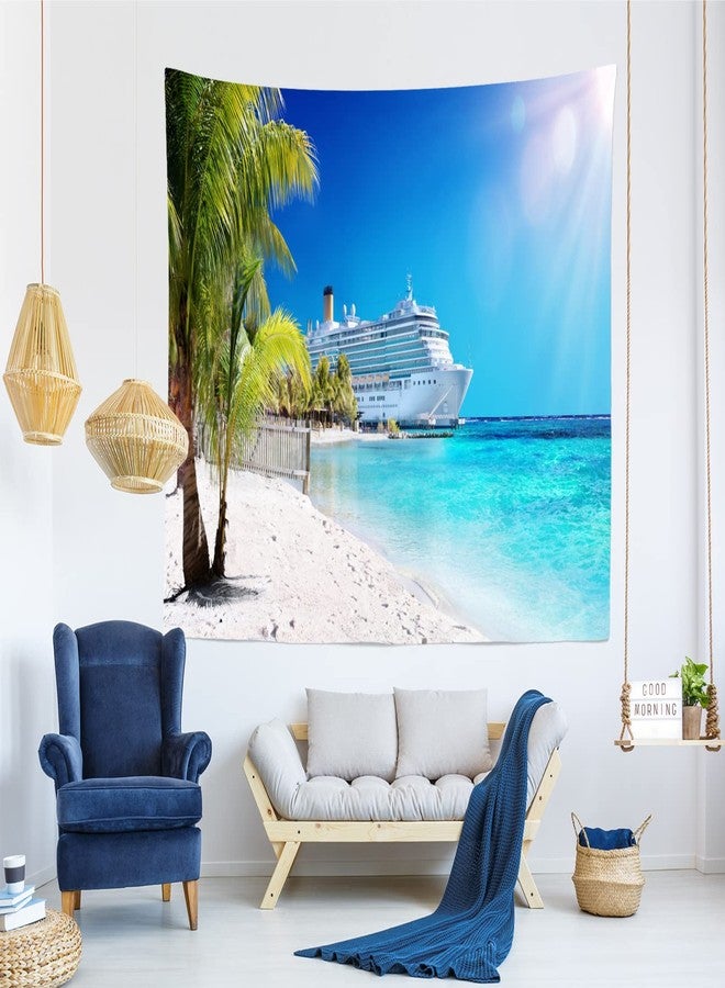 Loccor Cruise Ship Tapestry Caribbean Sea Palm Tree Coral Beach Tapestry Wall Hanging 80" X 60" Large Tropical Island Summer Holiday Tapestries Wall Art for Bedroom Living Room Dorm Home Decor - Image 2
