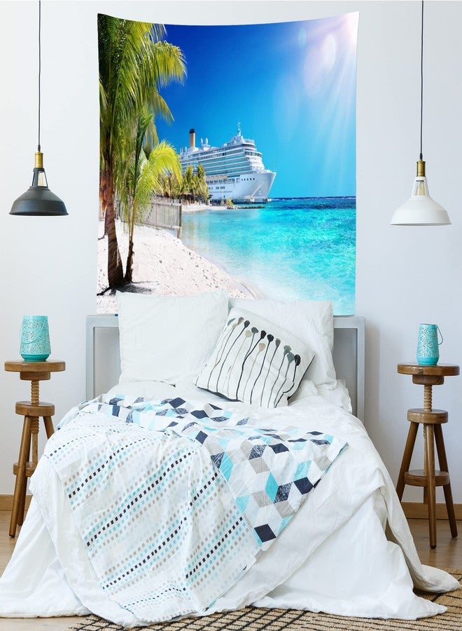 Loccor Cruise Ship Tapestry Caribbean Sea Palm Tree Coral Beach Tapestry Wall Hanging 80" X 60" Large Tropical Island Summer Holiday Tapestries Wall Art for Bedroom Living Room Dorm Home Decor - Image 3