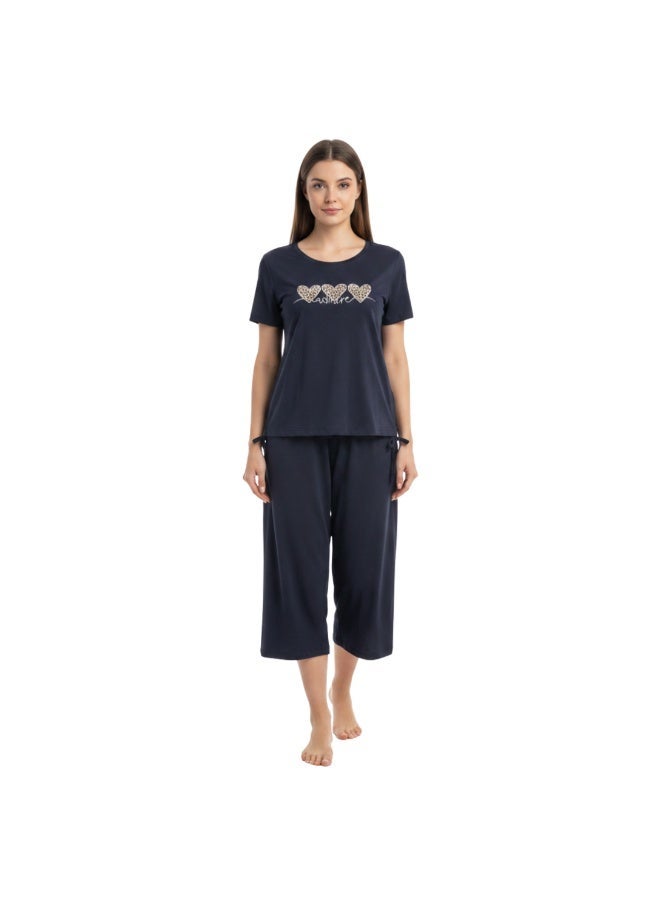 JOANNA 2-Piece Pajama Set Short Sleeve Heart Print Top and Capri Pants Soft Sleepwear - Image 1