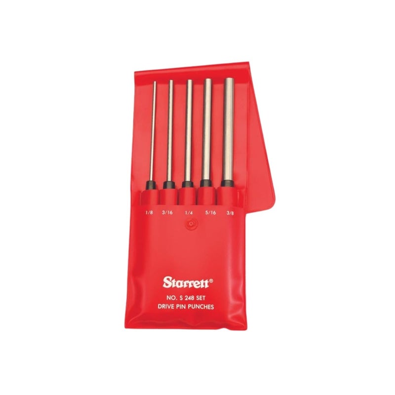 Starrett Extra-Long Drive Pin Punch Set with Knurled Grip and Protective Vinyl Case - 8" Length, 1/8", 3/16", 1/4", 5/16", 3/8" Punch Diameter, Set of 5 - S248PC - Image 1