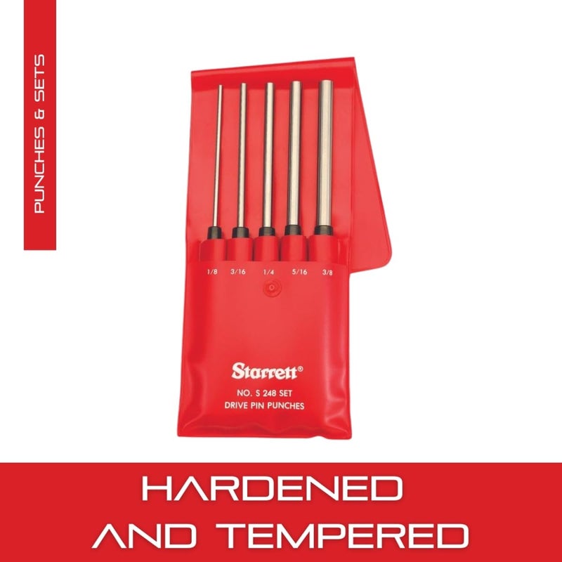 Starrett Extra-Long Drive Pin Punch Set with Knurled Grip and Protective Vinyl Case - 8" Length, 1/8", 3/16", 1/4", 5/16", 3/8" Punch Diameter, Set of 5 - S248PC - Image 4