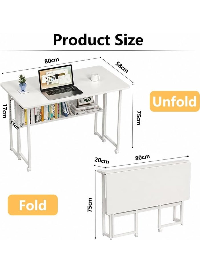 M.A&F's Portable Folding Desk with Storage Shelf, No-Assembly Mobile Computer Table with 360° Smooth Casters, Space-Saving Foldable Workstation for Home Office & Small Apartments (80cm) - Image 2