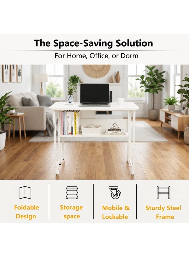 M.A&F's Portable Folding Desk with Storage Shelf, No-Assembly Mobile Computer Table with 360° Smooth Casters, Space-Saving Foldable Workstation for Home Office & Small Apartments (80cm) - Image 5