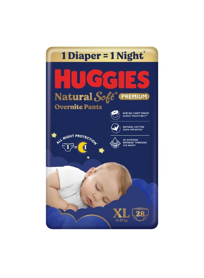 Huggies Natural Soft Overnite Diaper Pants| Premium Pant Style Baby Diapers Medium Size (XL Size | 12-17 Kgs), 28 count| Keeps baby dry all night with cloud softness all over - Image 1