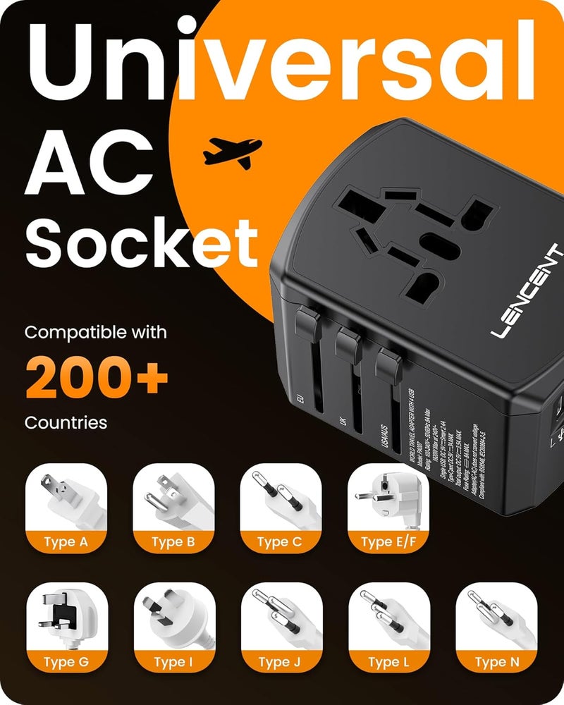 LENCENT Universal Travel Power Adapter, International AC Plug Adaptor with 2 USB C 2 USB A Ports Wall Charger Worldwide Travel Essentials for US to EU UK Ireland Australia (Type C/G/A/I) Black - Image 5