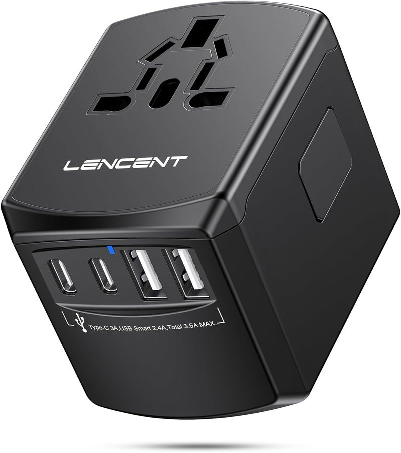 LENCENT Universal Travel Power Adapter, International AC Plug Adaptor with 2 USB C 2 USB A Ports Wall Charger Worldwide Travel Essentials for US to EU UK Ireland Australia (Type C/G/A/I) Black - Image 1