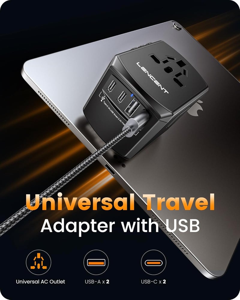 LENCENT Universal Travel Power Adapter, International AC Plug Adaptor with 2 USB C 2 USB A Ports Wall Charger Worldwide Travel Essentials for US to EU UK Ireland Australia (Type C/G/A/I) Black - Image 3