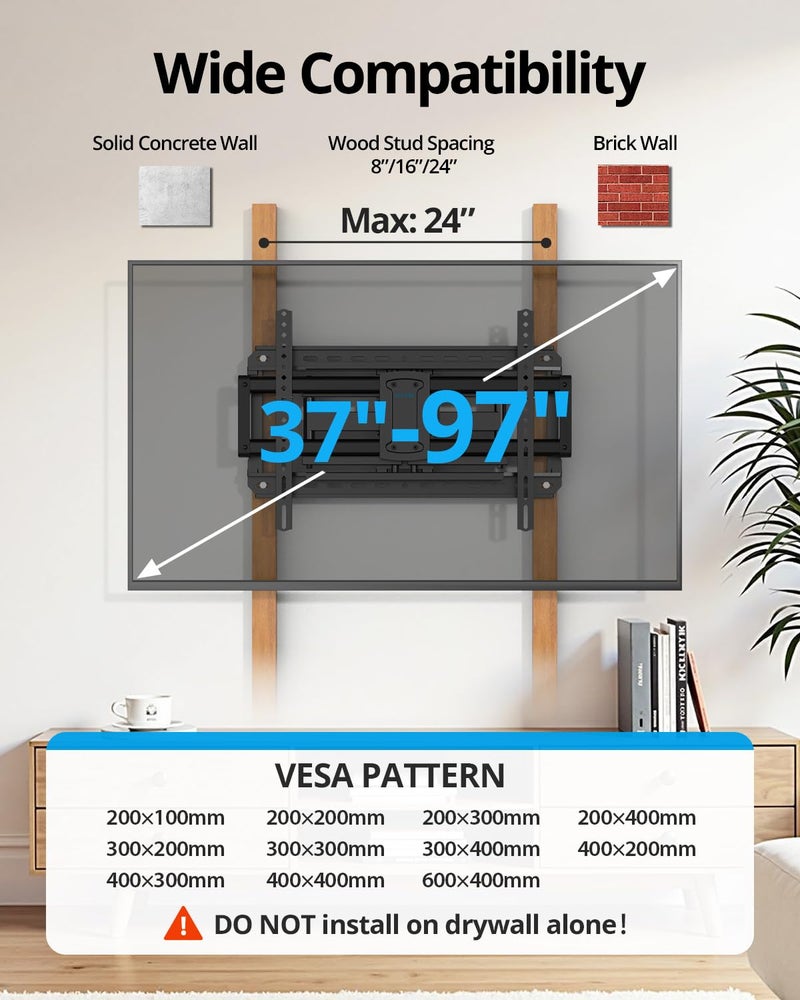 USX STAR 37-97 inch Heavy Duty Full Motion TV Wall Mount, Fits 24" Wood Studs, Wall Mount tv Bracket with Smooth Swivel, Tilt, Extension, Hold up to 150lbs, Max VESA 600x400 mm, Fit Most 75 85 90+ TVS - Image 5