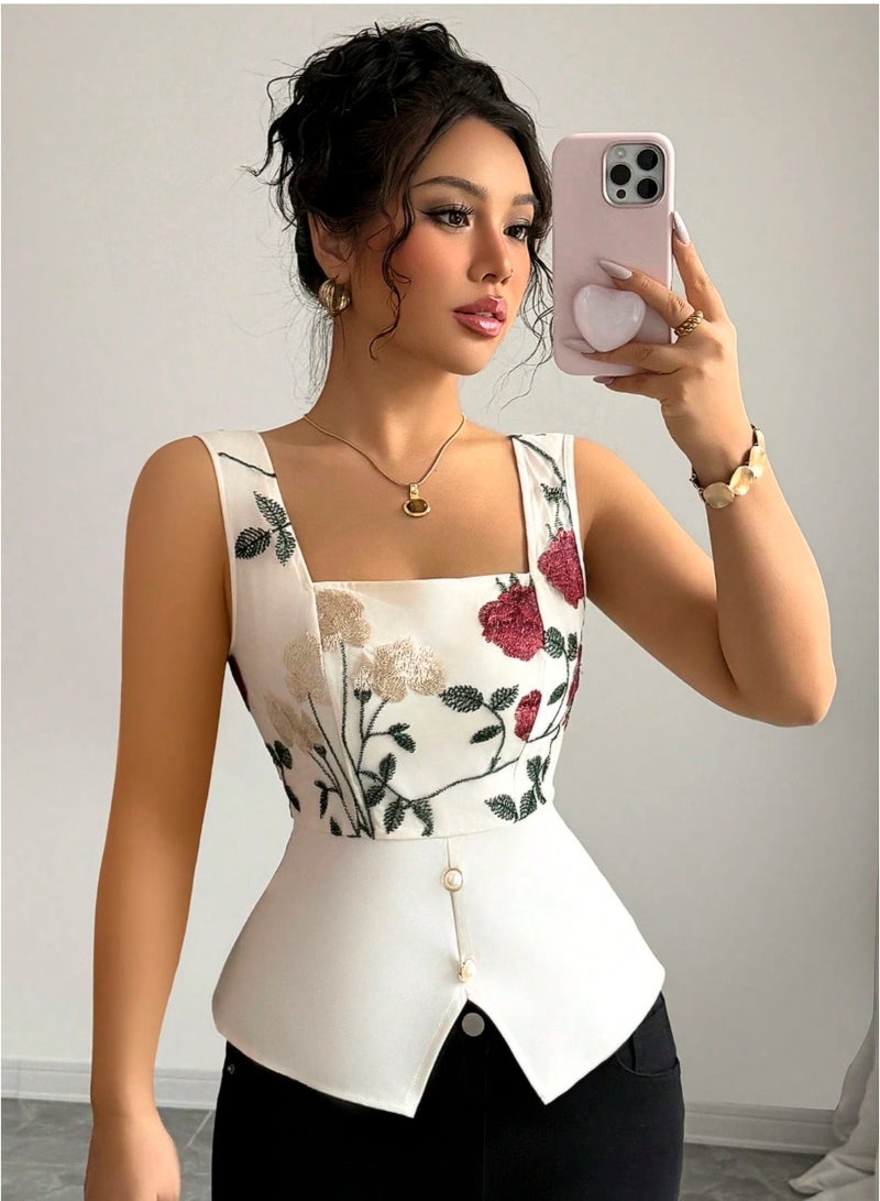 Shein Women Floral Embroidery Square Collar Button-Detailed Sleeveless Blouse - Image 4