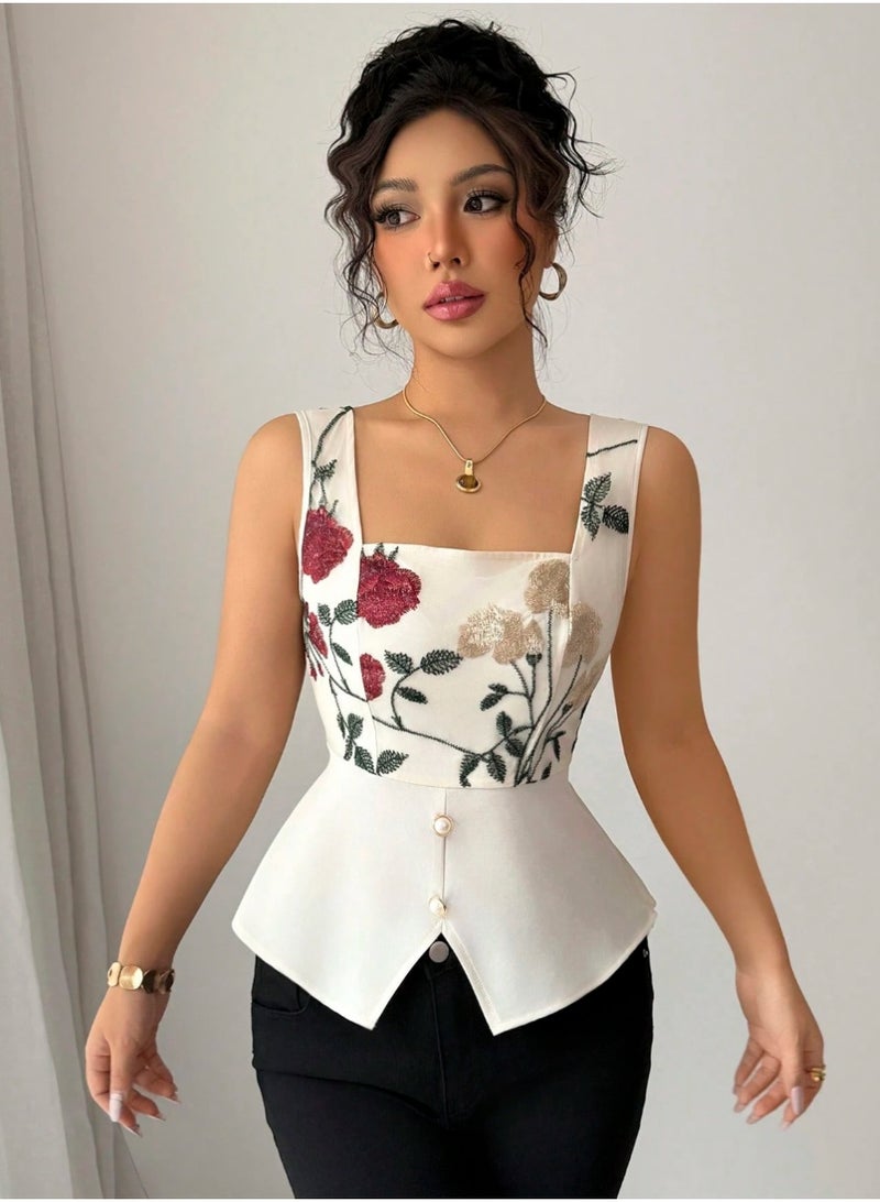 Shein Women Floral Embroidery Square Collar Button-Detailed Sleeveless Blouse - Image 3
