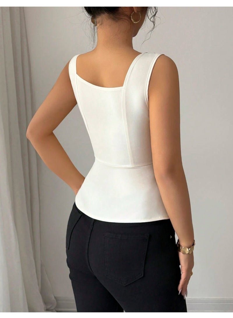 Shein Women Floral Embroidery Square Collar Button-Detailed Sleeveless Blouse - Image 2