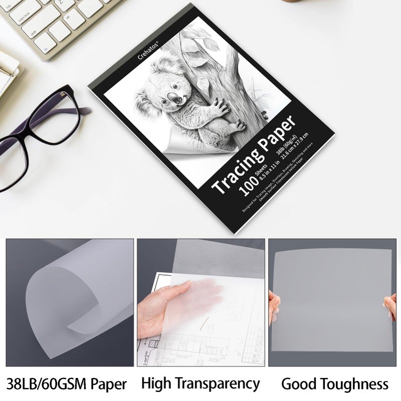 Crehatos 8.5" x 11" Tracing Paper, Translucent Tracing Pad, 100 Sheets 38lb/60gsm Vellum Art Paper - Image 4