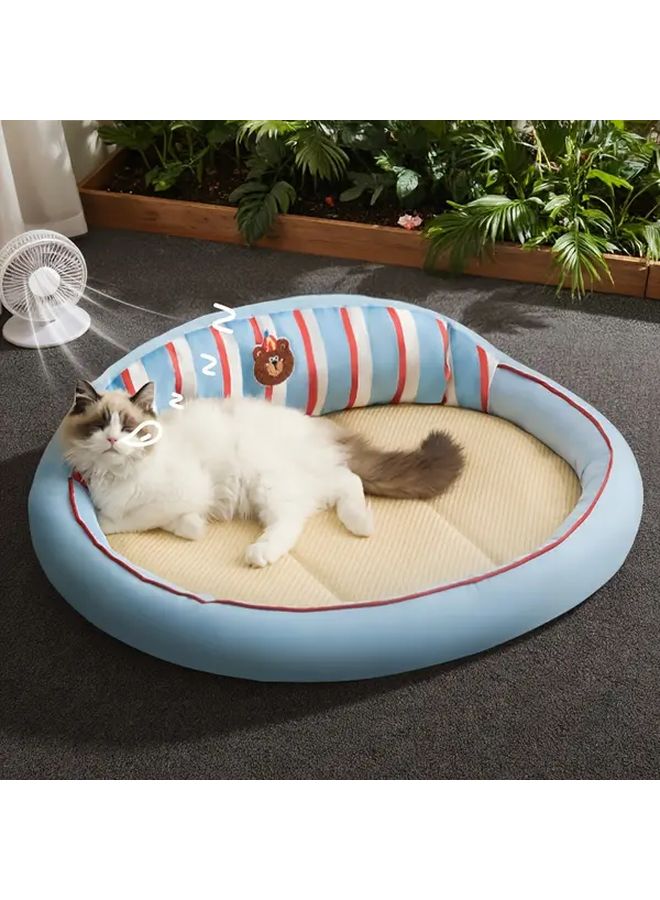 Blue Woven Rattan Cat Hammock Summer Bed Cooling Mat 60x17.72 Inch for Pets - Image 1