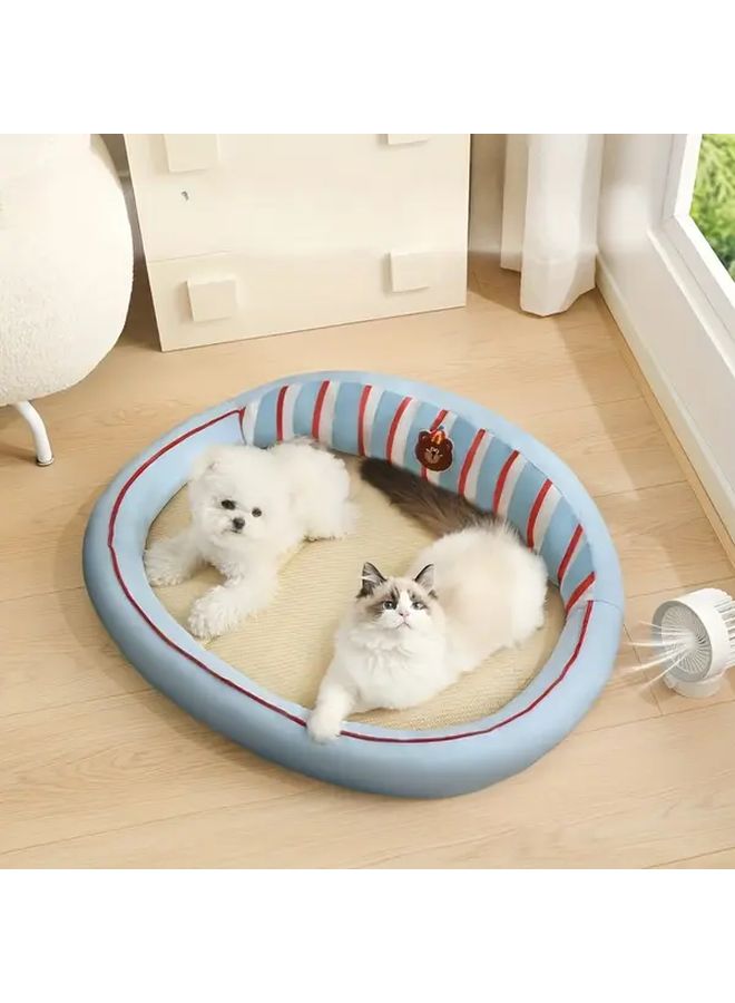 Blue Woven Rattan Cat Hammock Summer Bed Cooling Mat 60x17.72 Inch for Pets - Image 5