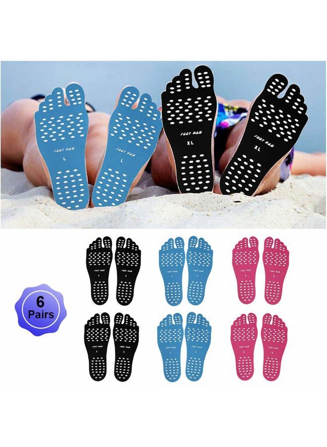WLBON Beach Foot Pads Barefoot Adhesive Invisible Shoes Stick on Foot Pad Stickers Stick on Soles Anti-Slip Waterproof Silicone Unisex Footing Pad For Surfing Swimming 6 Pack Black Blue Rose 7-9.5 Size - Image 1