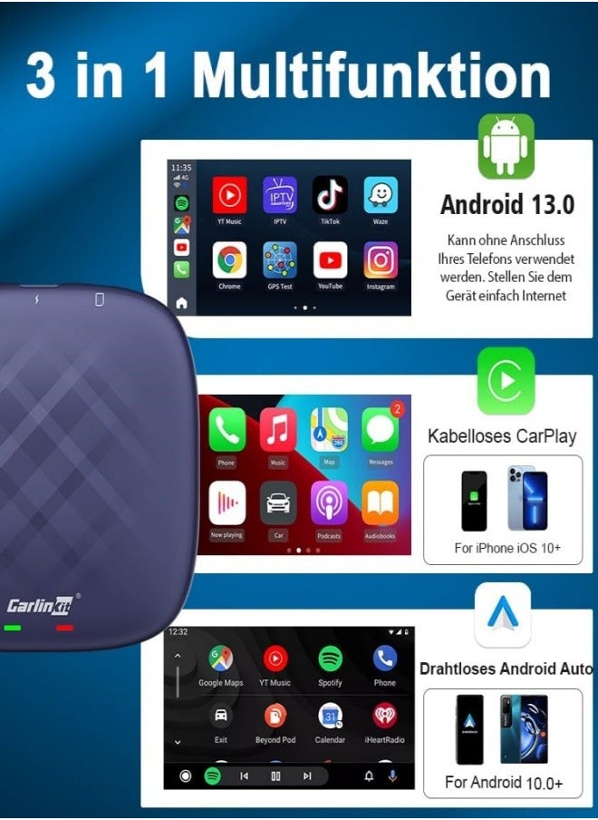 كارلين نت صندوق كاربلاي بنظام اندرويد 13 بذاكرة 8+128GB، سلسلة الترا مع كوالكوم QCM6125، يأتي مع نظام اندرويد اوتو كاربلاي وجوجل بلاي، فقط لسيارات كاربلاي السلكية من المصنع