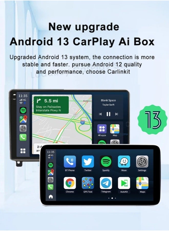 كارلين نت صندوق كاربلاي بنظام اندرويد 13 بذاكرة 8+128GB، سلسلة الترا مع كوالكوم QCM6125، يأتي مع نظام اندرويد اوتو كاربلاي وجوجل بلاي، فقط لسيارات كاربلاي السلكية من المصنع