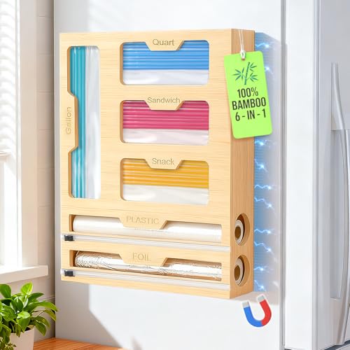 BSHSPX Magnetic Storage Bag Organizer 6 In 1 Ziplock Bag Organizer for Fridge and Drawer, Foil and Plastic Wrap Organizers with Cutter, Food Storage Bags Organizers for Gallon Quart Sandwich Snack - Image 1