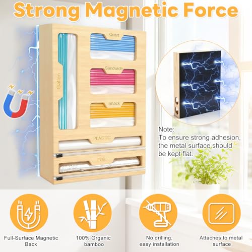 BSHSPX Magnetic Storage Bag Organizer 6 In 1 Ziplock Bag Organizer for Fridge and Drawer, Foil and Plastic Wrap Organizers with Cutter, Food Storage Bags Organizers for Gallon Quart Sandwich Snack - Image 2