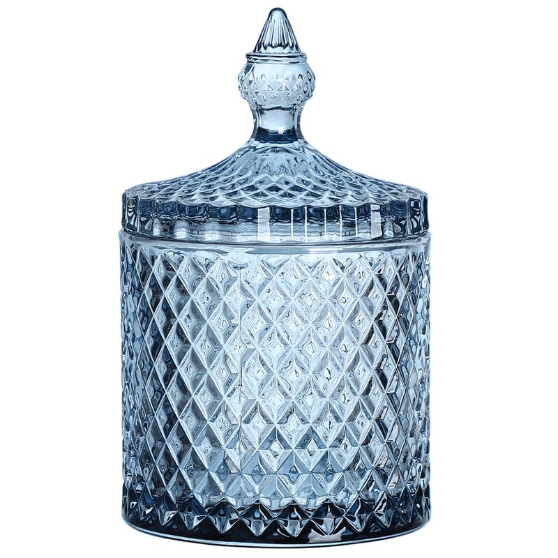 Sizikato Diamond Faceted Crystal Glass Candy Jar with Lid 18oz Blue Decorative Jar Nut Jar Dried Fruit Storage Jar