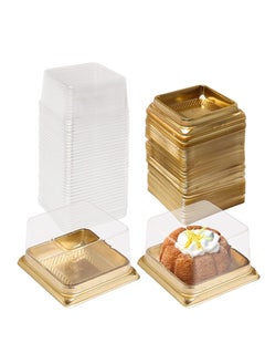 Y&D 50Pack Cupcake Boxes Mini Mooncake Box Individual Cake Boxes Container Plastic Transparent Box Cookies Muffins For Baby Shower Wedding Birthday Party Ramadan Party Eid Mubarak Supplies Gold Base  - Image 1