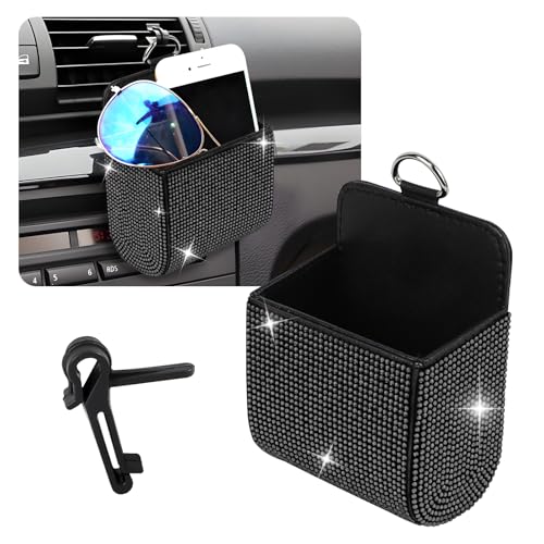 Hbxdeco Car Vent Storage Organizer Rhinestone Car Air Vent Leather Storage Pouch Bling Automotive Hanging Bag Pocket Case Universal Auto Mount Cell Phone Sunglasses Coin Holder Black - Image 1