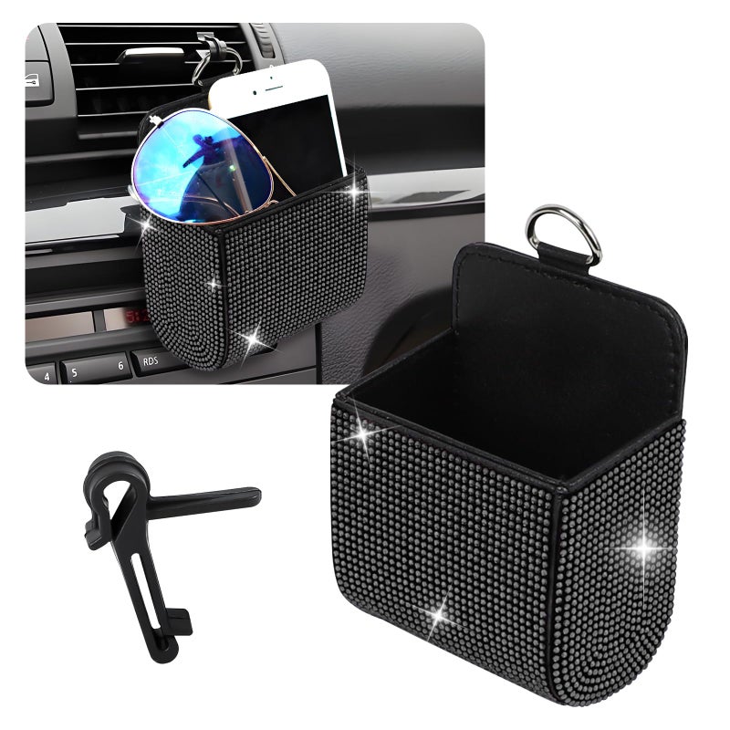 Hbxdeco Car Vent Storage Organizer Rhinestone Car Air Vent Leather Storage Pouch Bling Automotive Hanging Bag Pocket Case Universal Auto Mount Cell Phone Sunglasses Coin Holder Black - Image 3