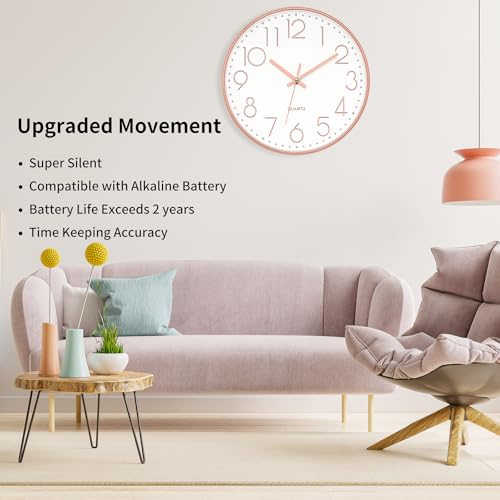 Foxtop Modern Wall Clock 12 Inch Non-Ticking Silent Battery Operated Round Quartz Rose Gold Wall Clock for Office Bedroom Living Room Kitchen Home School Decor - Image 3