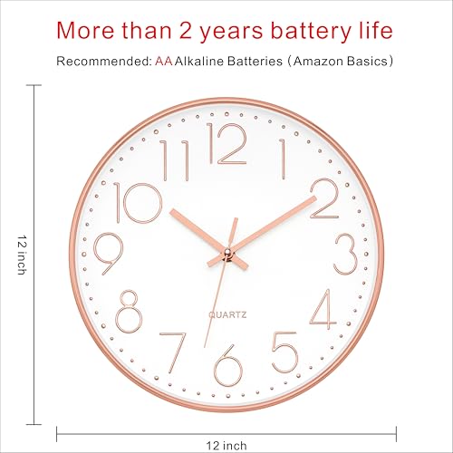 Foxtop Modern Wall Clock 12 Inch Non-Ticking Silent Battery Operated Round Quartz Rose Gold Wall Clock for Office Bedroom Living Room Kitchen Home School Decor - Image 2