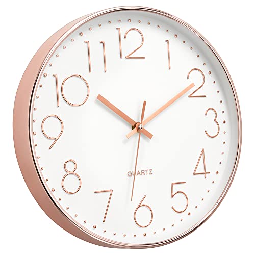 Foxtop Modern Wall Clock 12 Inch Non-Ticking Silent Battery Operated Round Quartz Rose Gold Wall Clock for Office Bedroom Living Room Kitchen Home School Decor - Image 1