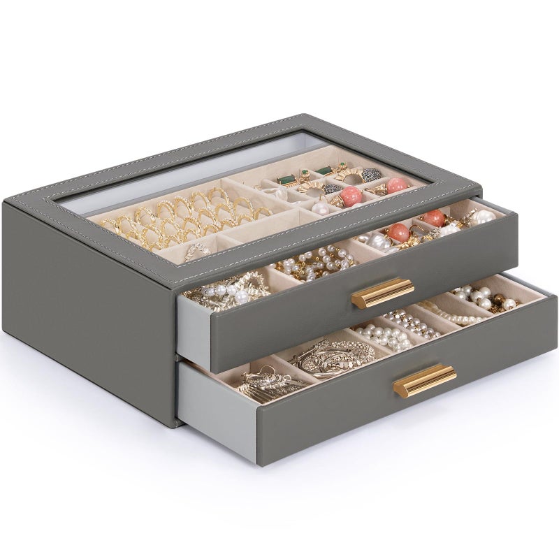 AKOZLIN Jewelry Box with Clear Lid Functional Leather Jewelry Storage Organizer Case 2 Drawers for Women Girls Necklace Ring Bracelet Earring - Image 1