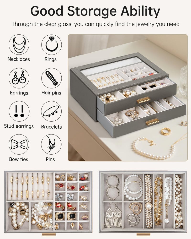 AKOZLIN Jewelry Box with Clear Lid Functional Leather Jewelry Storage Organizer Case 2 Drawers for Women Girls Necklace Ring Bracelet Earring - Image 2