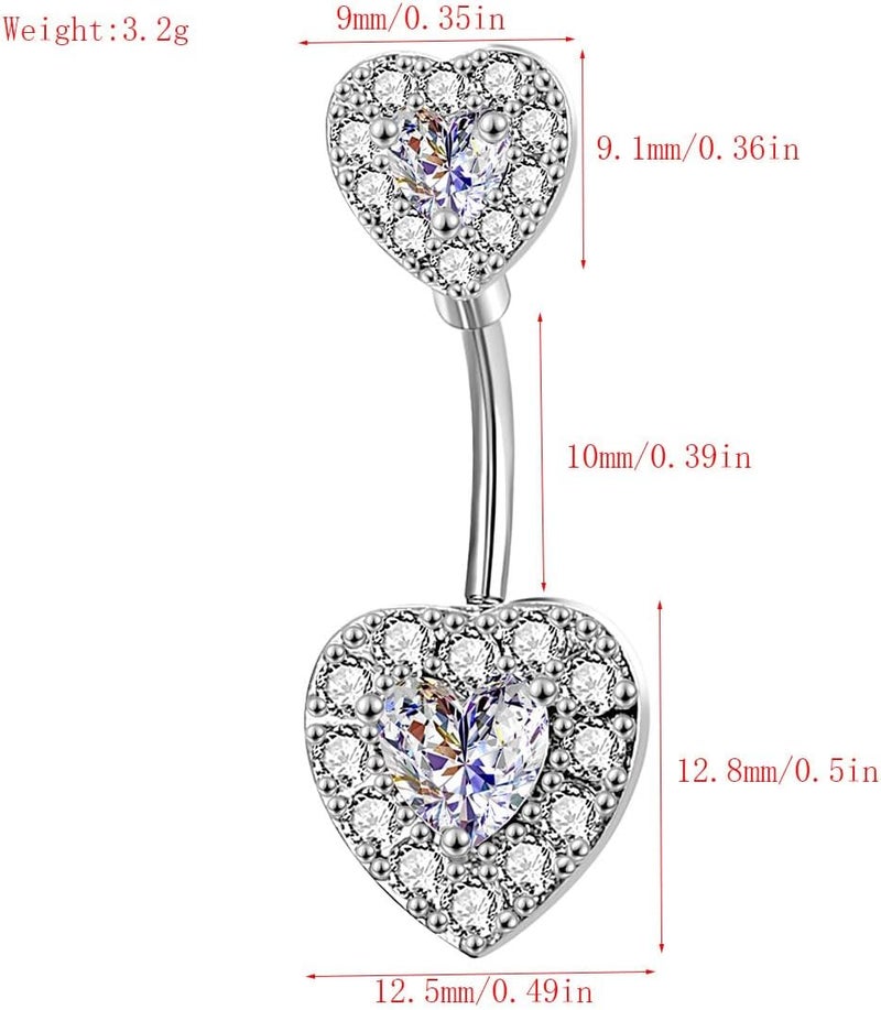 Crystal Double Heart Belly Button Rings Surgical Stainless Steel Curved Barbell Heart Navel Rings Sparkling Zirconia Hearts Bar Navel Nails for Men and Women - Image 4