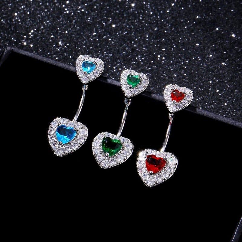 Crystal Double Heart Belly Button Rings Surgical Stainless Steel Curved Barbell Heart Navel Rings Sparkling Zirconia Hearts Bar Navel Nails for Men and Women - Image 1
