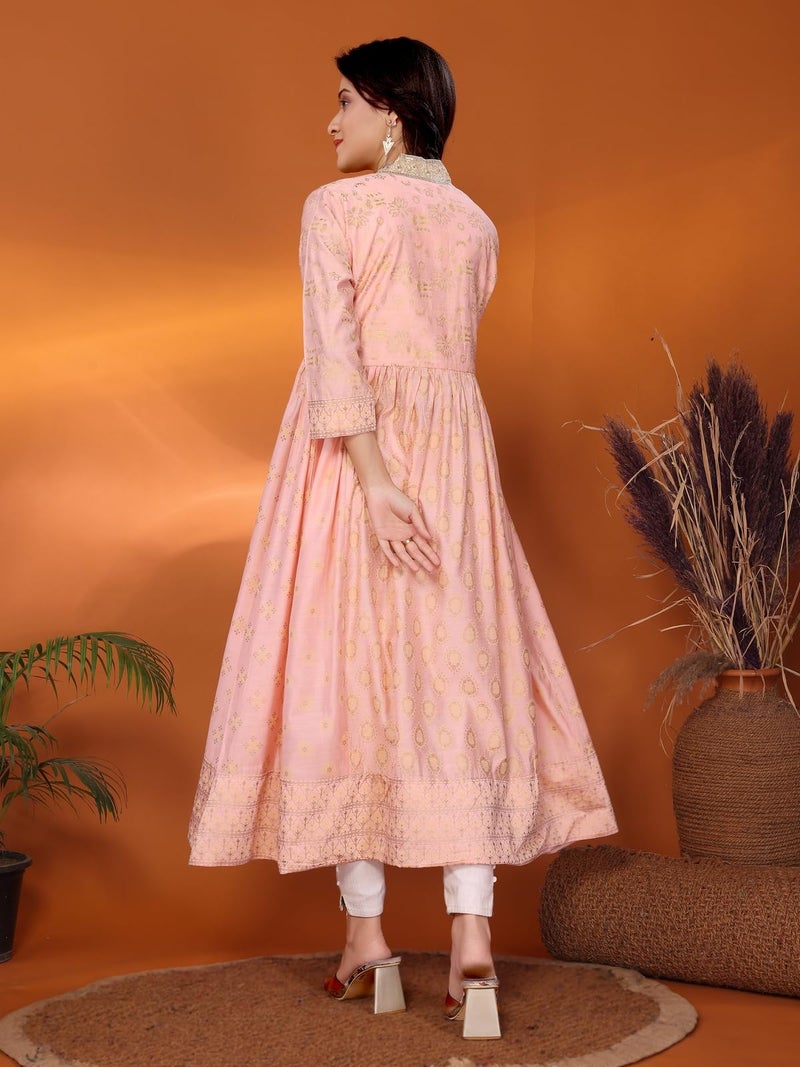 rangita Peach Viscose Blend Anarkali Embroidered Calf Length Kurti | Kurta for Women_M - Image 4