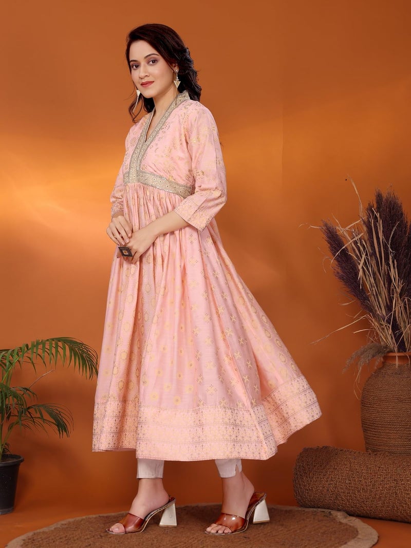 rangita Peach Viscose Blend Anarkali Embroidered Calf Length Kurti | Kurta for Women_M - Image 3
