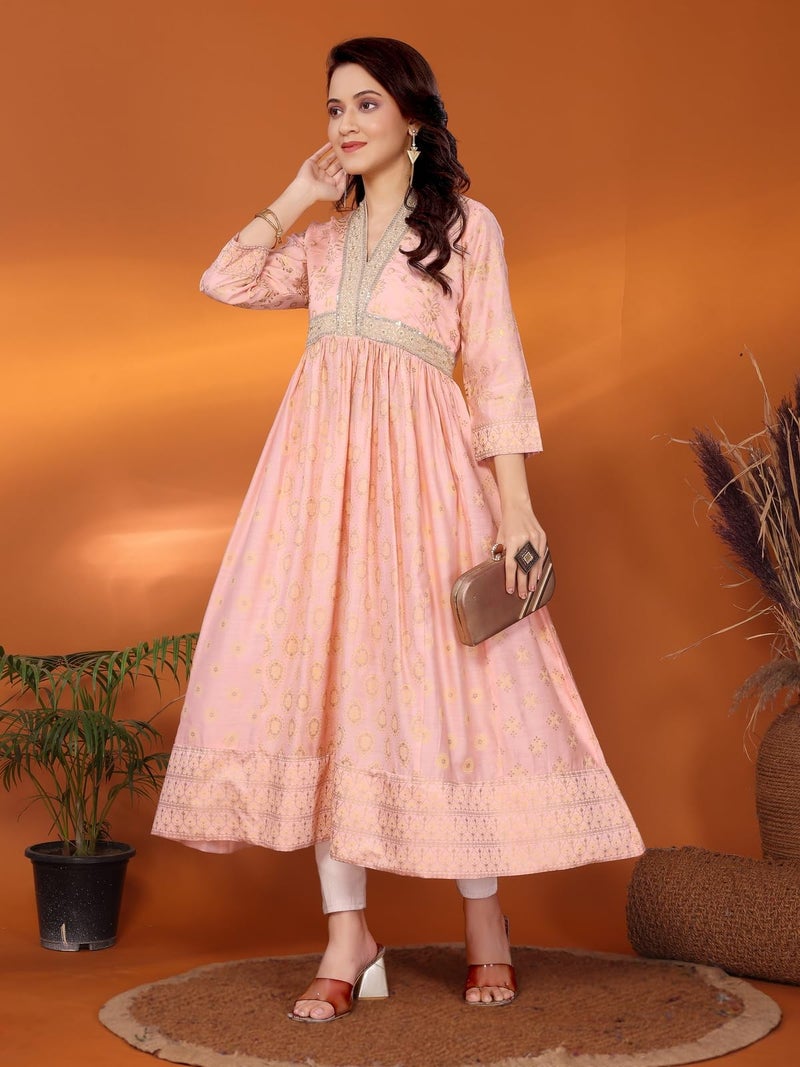 rangita Peach Viscose Blend Anarkali Embroidered Calf Length Kurti | Kurta for Women_M - Image 5