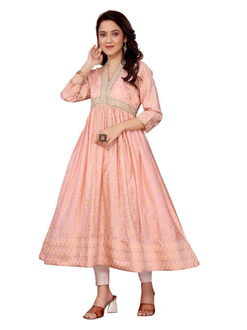 rangita Peach Viscose Blend Anarkali Embroidered Calf Length Kurti | Kurta for Women_M - Image 1