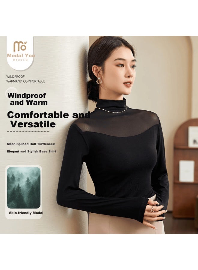 Modal Autumn Winter Semi-high Neck Mesh Base Shirt Women's Slim Fit Long Sleeve Thin Transparent Mesh T-shirt Lace Top - Image 2
