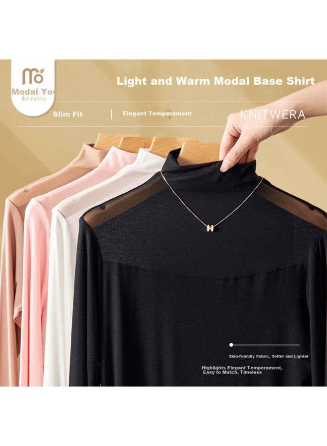 Modal Autumn Winter Semi-high Neck Mesh Base Shirt Women's Slim Fit Long Sleeve Thin Transparent Mesh T-shirt Lace Top - Image 4