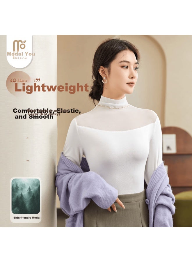 Modal Autumn Winter Semi-high Neck Mesh Base Shirt Women's Slim Fit Long Sleeve Thin Transparent Mesh T-shirt Lace Top - Image 3