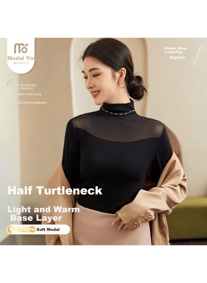 Modal Autumn Winter Semi-high Neck Mesh Base Shirt Women's Slim Fit Long Sleeve Thin Transparent Mesh T-shirt Lace Top - Image 1