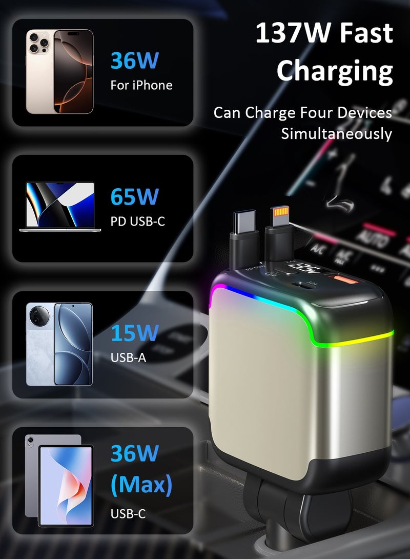 تونوف شاحن سيارة قابل للسحب، يعمل بمنفذ ولاعة السجائر، بقدرة إجمالية 137 واط، وشحن سريع PD بقدرة 65 واط، مزود بكابلات Lightning وType-C قابلة للسحب بطول 90 سم، ومنفذ USB-A وUSB-C، وحماية من الحرارة الزائدة، وإضاءة باردة، متوافق مع أجهزة iPhone وAndroid والأجهزة اللوحية وغيرها. - Image 2