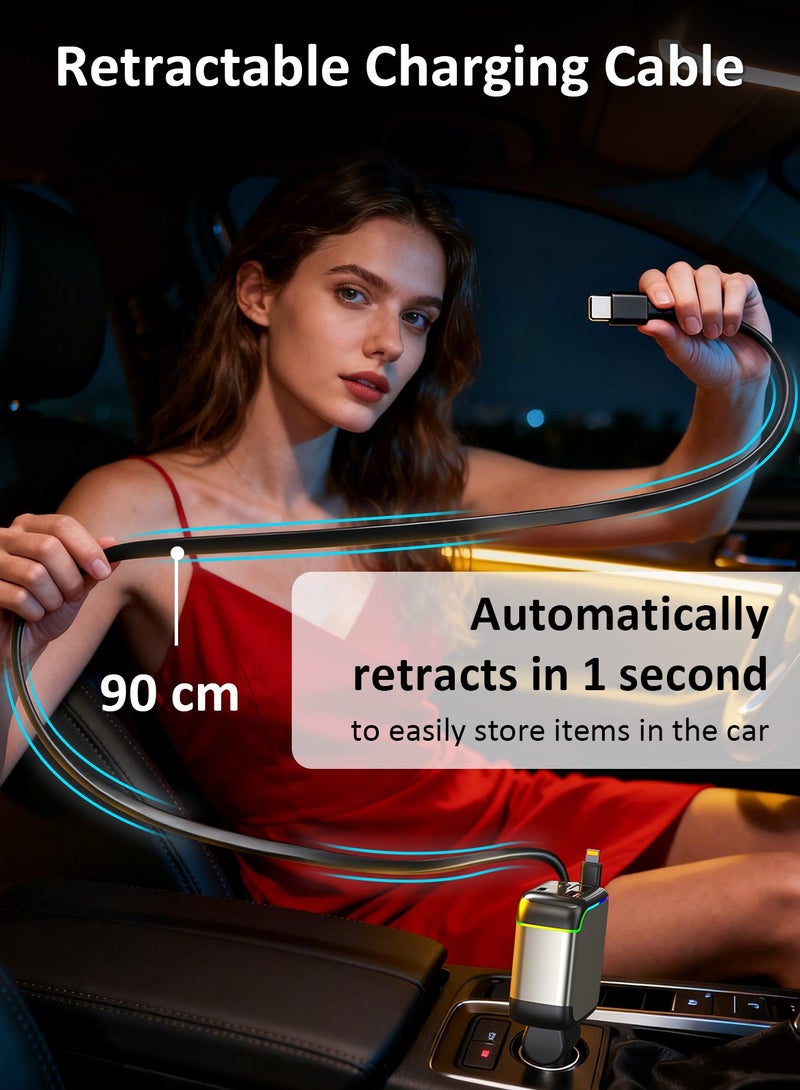 تونوف شاحن سيارة قابل للسحب، يعمل بمنفذ ولاعة السجائر، بقدرة إجمالية 137 واط، وشحن سريع PD بقدرة 65 واط، مزود بكابلات Lightning وType-C قابلة للسحب بطول 90 سم، ومنفذ USB-A وUSB-C، وحماية من الحرارة الزائدة، وإضاءة باردة، متوافق مع أجهزة iPhone وAndroid والأجهزة اللوحية وغيرها. - Image 3