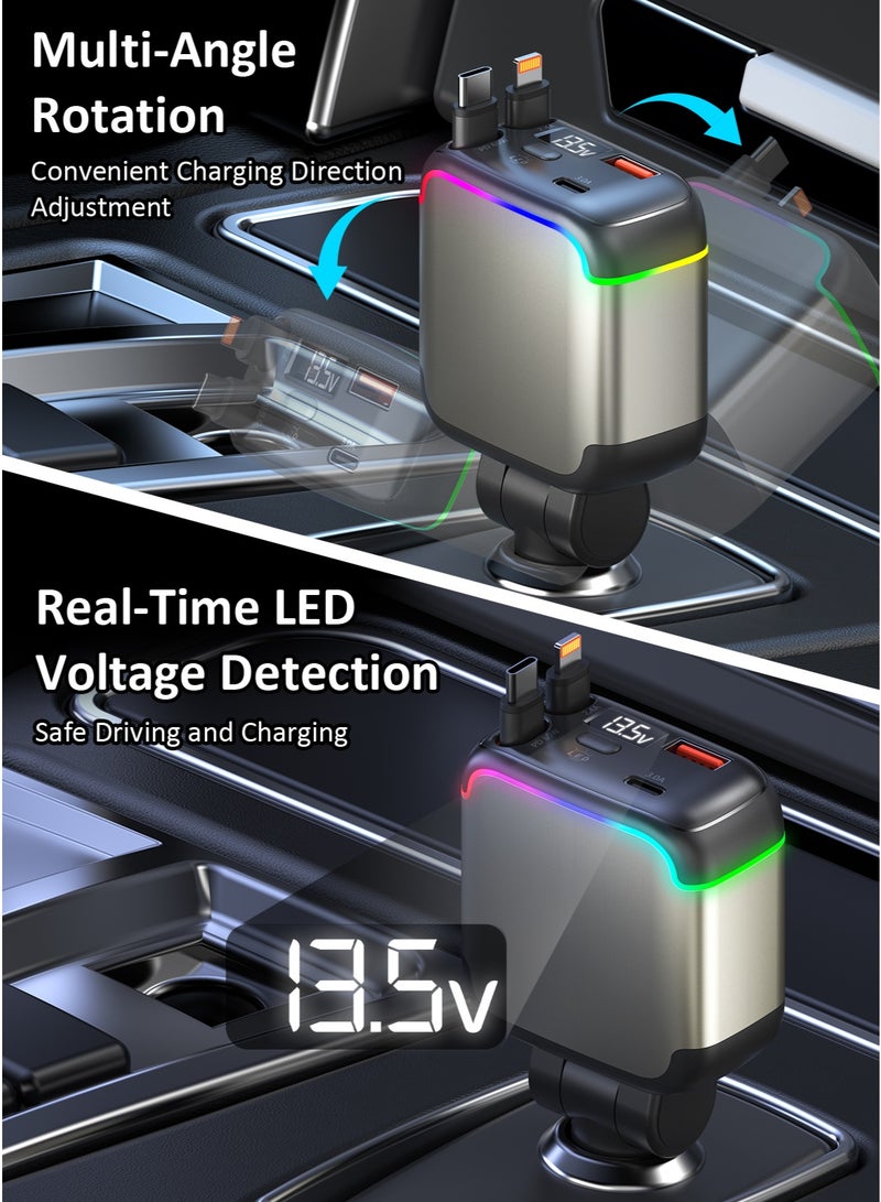 تونوف شاحن سيارة قابل للسحب، يعمل بمنفذ ولاعة السجائر، بقدرة إجمالية 137 واط، وشحن سريع PD بقدرة 65 واط، مزود بكابلات Lightning وType-C قابلة للسحب بطول 90 سم، ومنفذ USB-A وUSB-C، وحماية من الحرارة الزائدة، وإضاءة باردة، متوافق مع أجهزة iPhone وAndroid والأجهزة اللوحية وغيرها. - Image 4