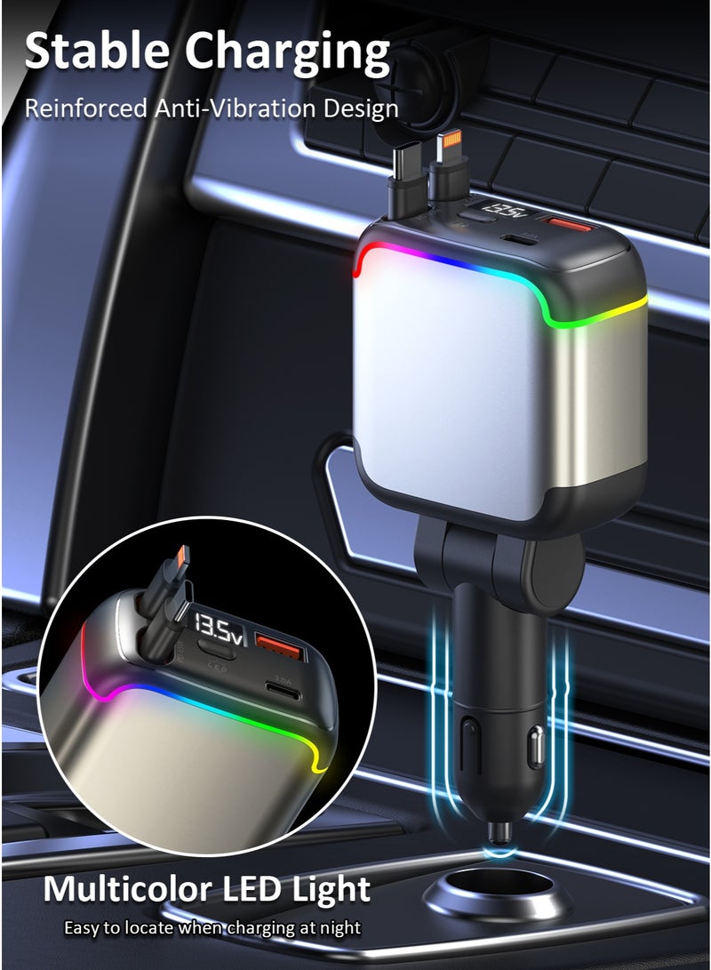 تونوف شاحن سيارة قابل للسحب، يعمل بمنفذ ولاعة السجائر، بقدرة إجمالية 137 واط، وشحن سريع PD بقدرة 65 واط، مزود بكابلات Lightning وType-C قابلة للسحب بطول 90 سم، ومنفذ USB-A وUSB-C، وحماية من الحرارة الزائدة، وإضاءة باردة، متوافق مع أجهزة iPhone وAndroid والأجهزة اللوحية وغيرها. - Image 5