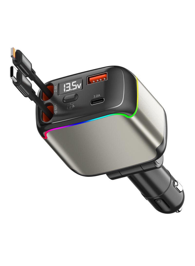 TONEOF Retractable Car Charger for Cigarette Lighter, 137W Total Power Output PD 65W Fast Charging Car Charger, 90cm Retractable Lightning and Type-C Cables, USB-A and USB-C Port, Over-heating Protection, Cool Lighting, for iPhone Android Tablets and Other Devices - Image 1