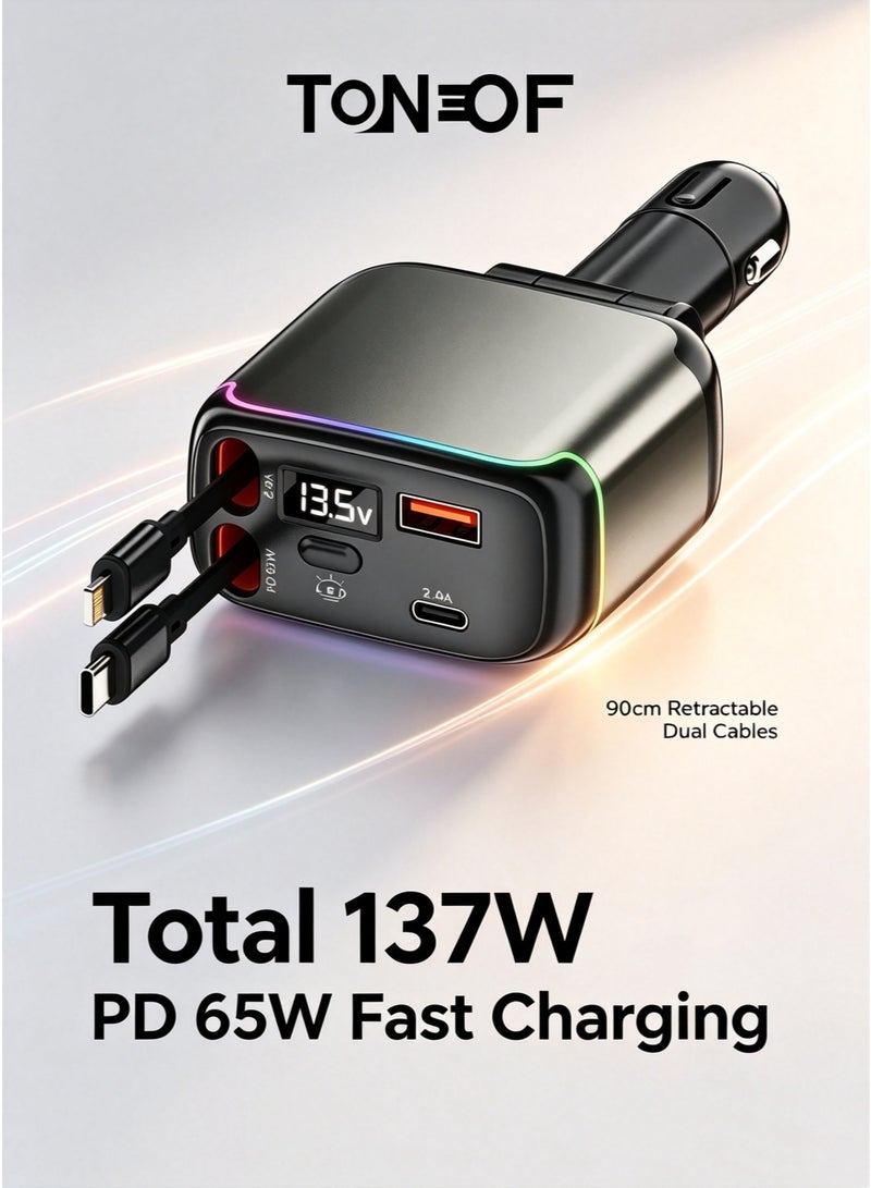 TONEOF Retractable Car Charger for Cigarette Lighter, 137W Total Power Output PD 65W Fast Charging Car Charger, 90cm Retractable Lightning and Type-C Cables, USB-A and USB-C Port, Over-heating Protection, Cool Lighting, for iPhone Android Tablets and Other Devices - Image 1
